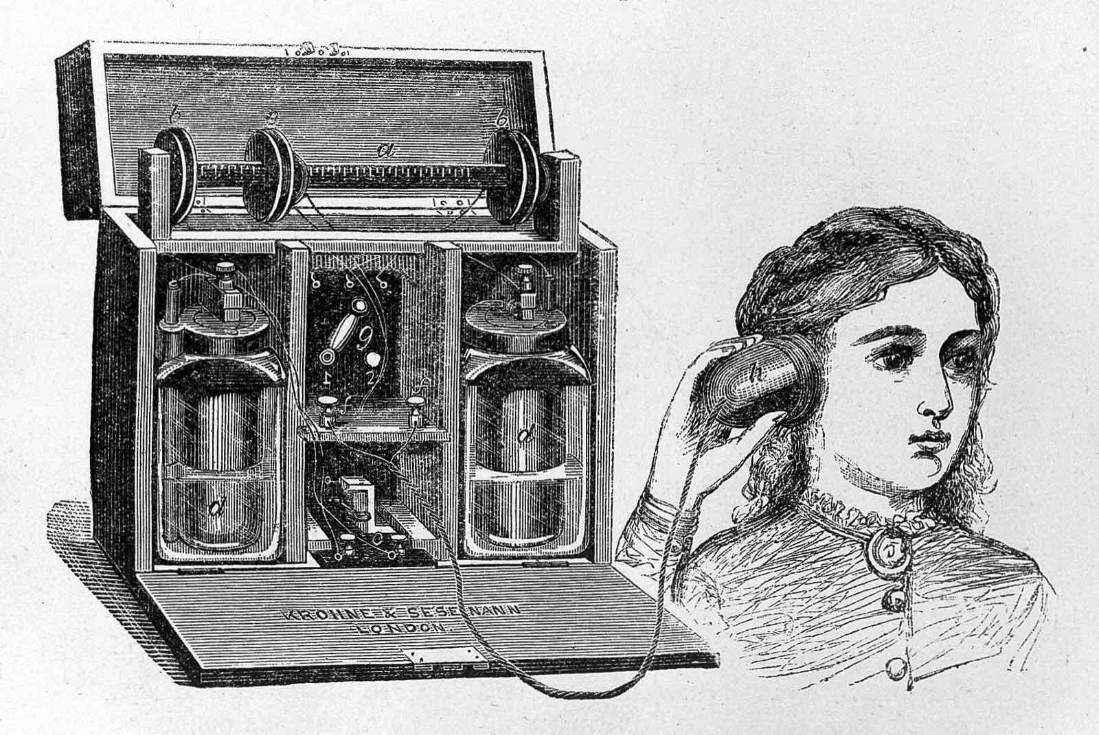 Engraving of Hughes' 1879 audiometer with a listener holding the receiver to her ear